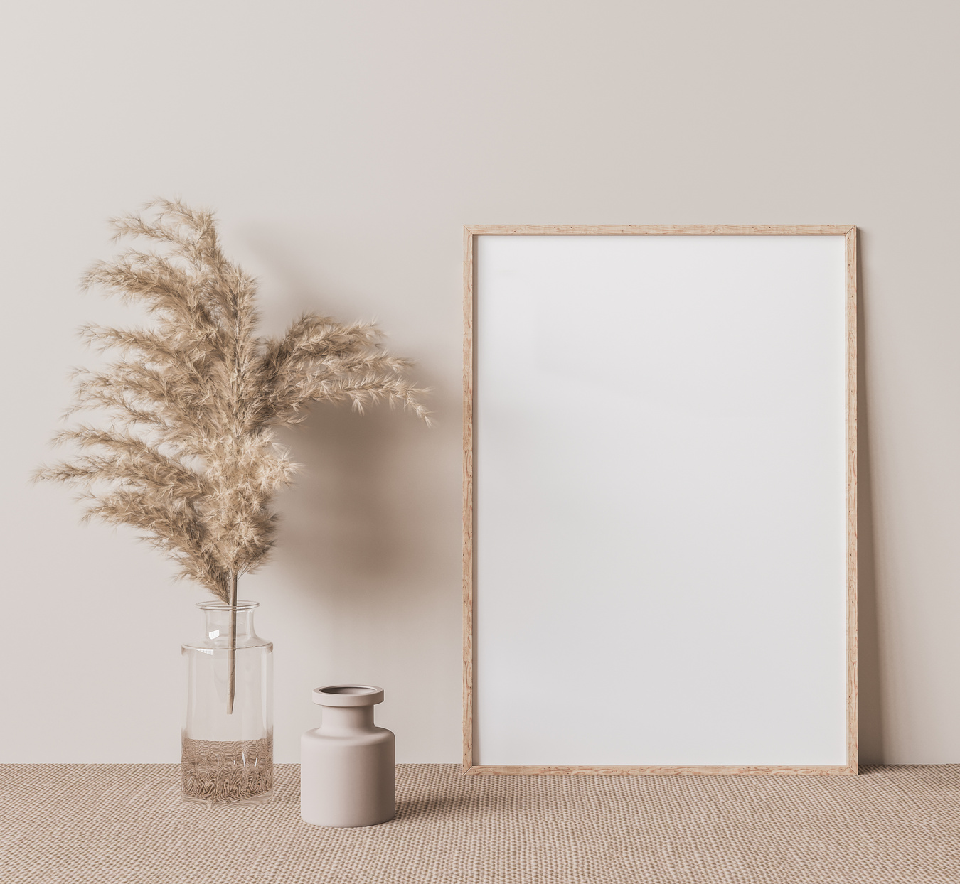 Interior poster mock up with vertical frame on the floor in Scandinavian home interior.
